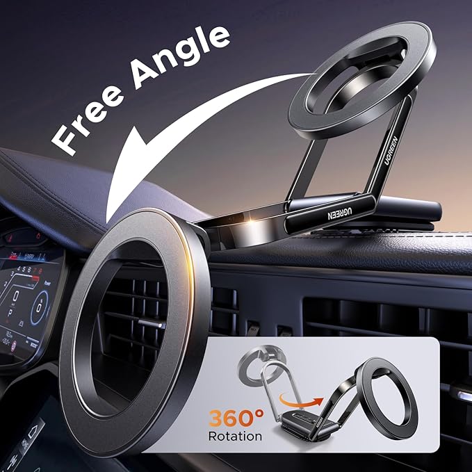 UGREEN for Magsafe Car Mount Dashboard 360° Rotation Magnetic Phone Holder Removable Design Car Cellphone Holder Compatible with iPhone 17 16 15 14 13 12 Series and MagSafe Case Strongest Magnet
