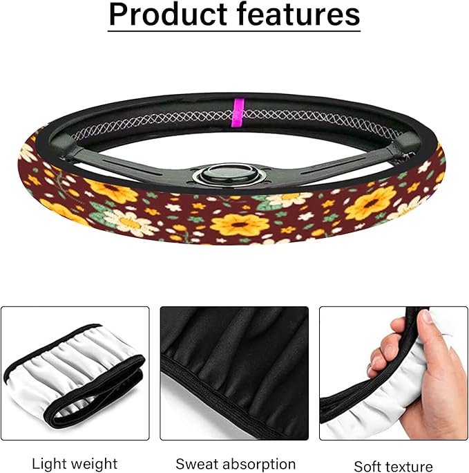 Car Steering Wheel Cover for Women Men, Non-Slip Breathable Cute Steering Wheel, Yellow Daisies Steering Wheel Protector, Car Accessories, Universal 14" 02/2-15" Fit Auto, Suvs