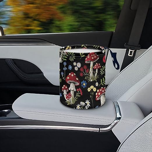 Floral Mushroom Car Trash Bag Waste Basket with Adjustable Buttons Collapsible Car Storage Bag Multipurpose Road Trip Essentials for Outdoor Activities
