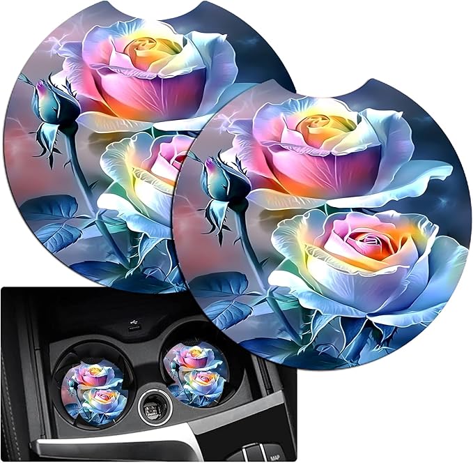 JANENFNA Car Armrest Cover Pads Universal Fashion Cute Auto Center Console Armrest Cover Pad with 2PCS Car Coasters Soft Waterproof Car Armrest Seat Protector for Women,Rainbow Roses