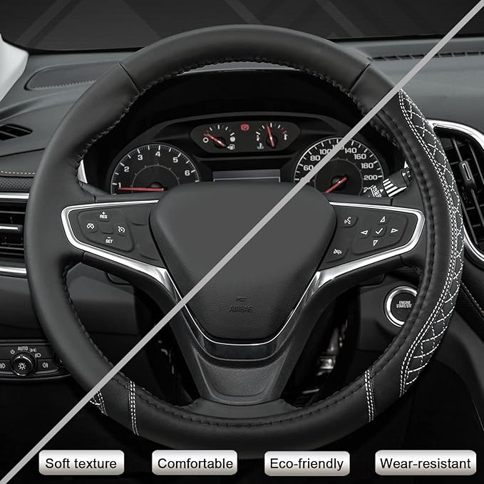 West Llama Customized Auto Car Steering Wheel Cover for Chevy Silverado,Tahoe,Equinox,Traverse,Trailblazer,Colorado(Diamond Quilted-Black+Gray-Standard Size)