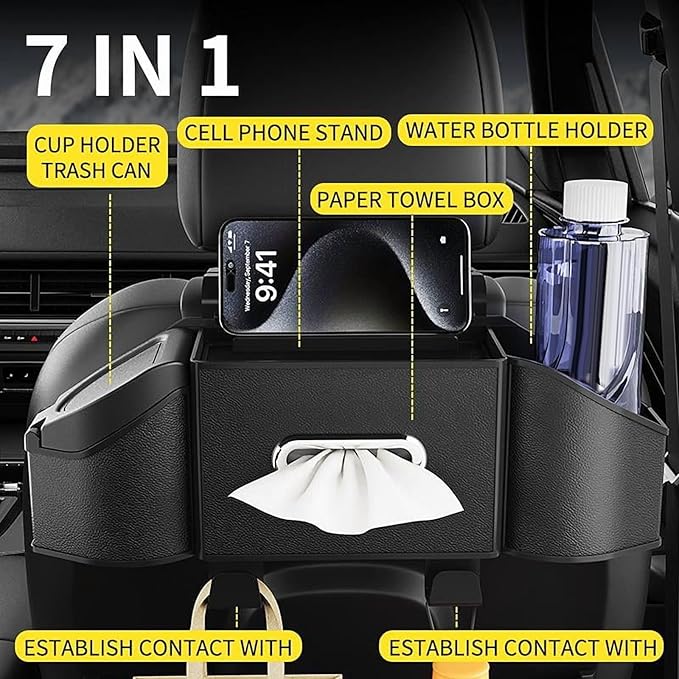 Car Organizer Back Seat, 4-In-1 Car Back Seat Organizer with Drink Cup Holder Tissue Box Trash Can Phone Holder, Adjustable Headrest Storage Organizers with Hooks Automotive Seat Storage Box