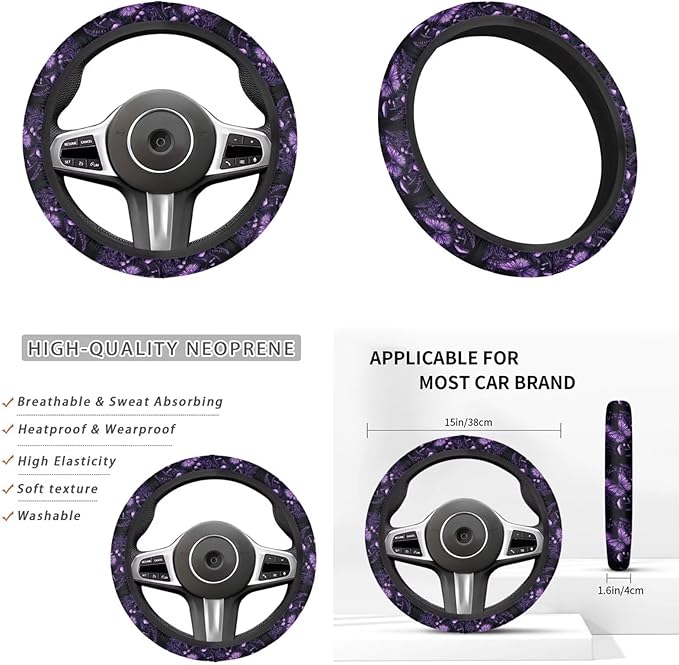 Purple Butterfly Car Steering Wheel Cover Set for Men Women Cute Mushroon Print Cup Coaster Car Armrest Cover Fits Most Cars Trucks Vans and SUV