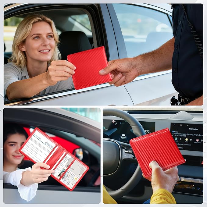 Tavonis Car Registration and Insurance Card Holder，Small Glove Box Organizer for Men and Women，Car and Truck Driver License, Documents, Card Storage Accessories，Red