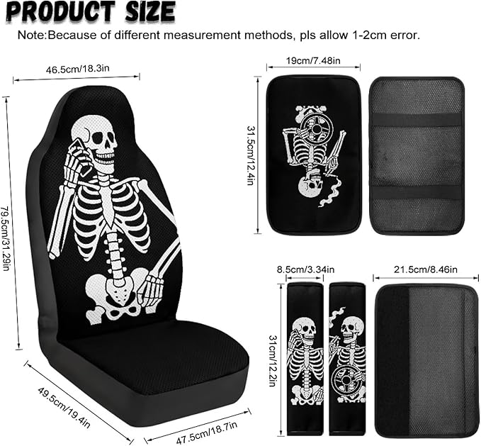 Qeluxign Funny Skeleton Automotive Seat Covers 5 Piece Universal Fit Car Accessories with Soft 2 Pack Seat Belt Cover Pads and Center Console Armrest Covers for SUV Truck Interior Set