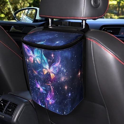 Galaxy Butterfly Car Trash Can with Lid,Butterfly Car Interior Set Zipper Auto Garbage Hanging Leak Proof Vehicle Trash Bin Rubbish Storage Bag for Most Vehicle Back/Front Seat/Console