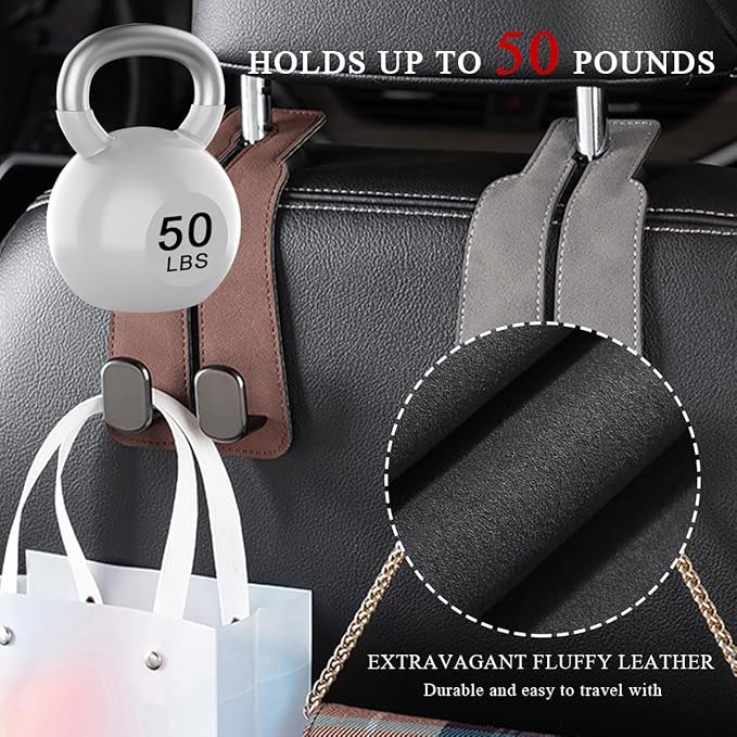 2 PCS Car Seat Headrest Hook, Back Seat Hanger with Double Flexible Leather Hooks, Soft Leather Double Headrest Metal Hooks Purse Handbag Organizer, Car Accessories (Brown)