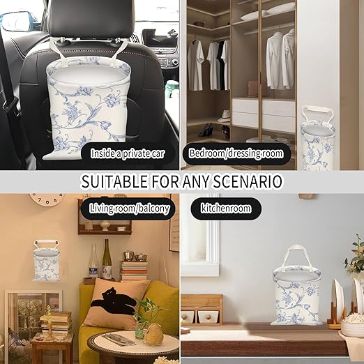 AUEKLLW Car Trash Can, Hanging Garbage Bin for Men and Women, Cute Car Organizer and Storage Bag, Canvas Vehicle Trash Can Bag Easy-to-Install Cute Blue Floral