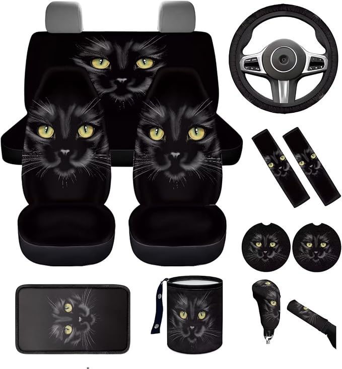 Dngkaoje Black Cat Car Seat Covers Full Set 13 Pcs Auto Seat Accessories with Animals Cat Print Hanging Trash Bag,Seatbelt Shoulder Pads,Universal Auto Front and Rear Split Bench Seat Covers Set
