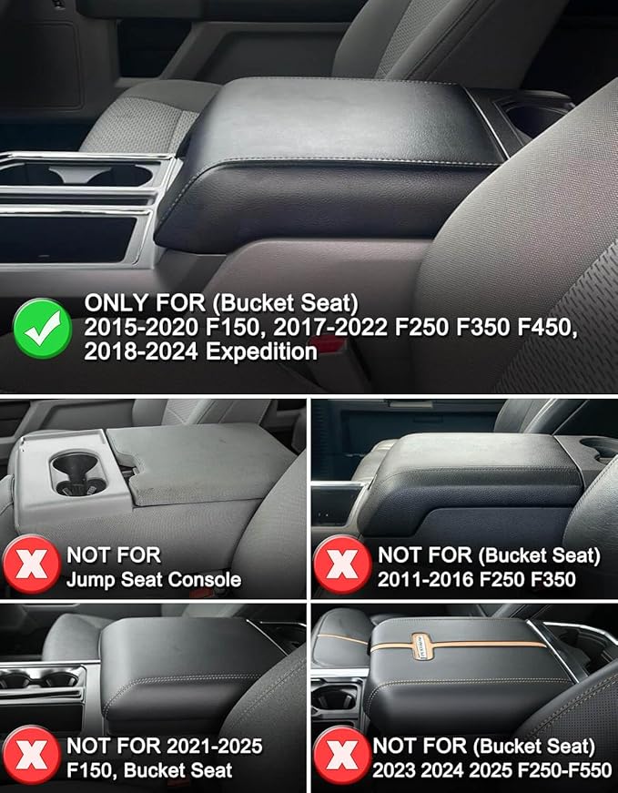 KBH Center Console Armrest Cover for 2015-2020 Ford F150, 2017-2022 F250 F350 F450 F550, 2018-2024 Expedition, Bucket Seat, PU Leather Cushion Thick Pad, Anti-Scratch, Black (Not for Other Years)