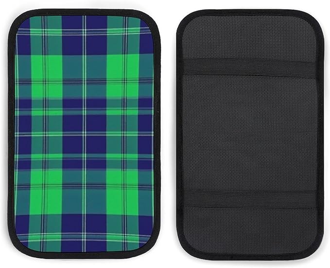 Center Console Cover Pad, Breathable Car Armrest Pad Seat Box Cushion Blue Green Scottish Tartan Plaid Arm Rest Cover Universal Fit for Most Vehicles
