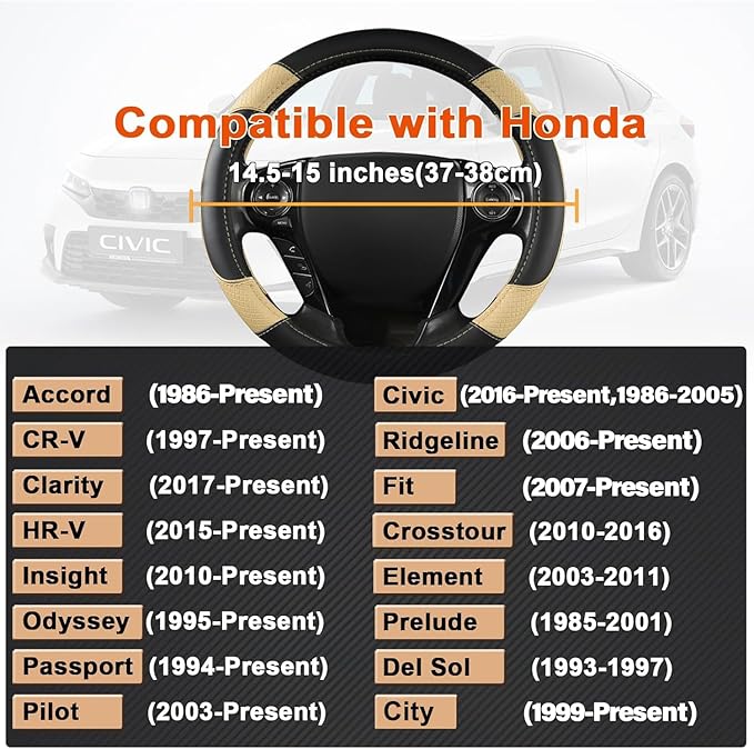 GIANT PANDA Microfiber Leather Steering Wheel Cover for Honda Accord,Civic,CR-V,HR-V,Pilot(Diamond-Pattern-Black+Beige-Standard Size)