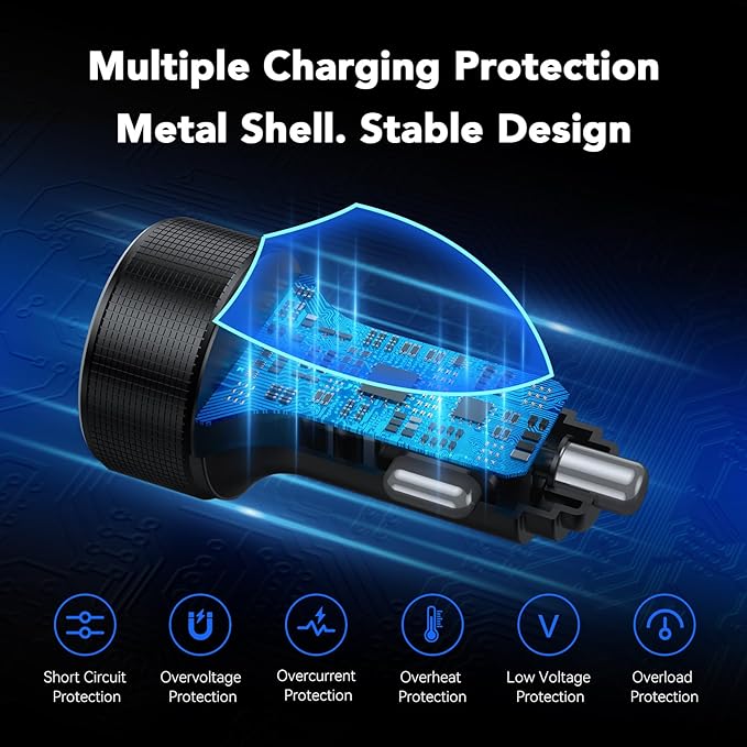 4-Port USB C Car Charger Fast Charging, Car Phone Charger Adapter with 30W PD & QC3.0 Dual USB C & USB A Port Real-Time LED Voltmeter 12V/24V Cigarette Lighter Adapter for iPhone Galaxy & Android