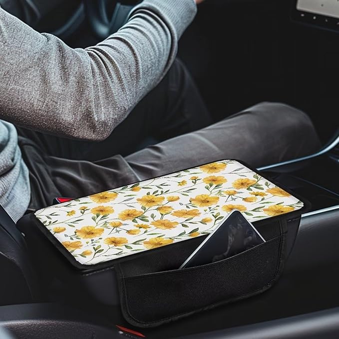 Dreaweet Yellow Floral Print Center Console Cover Car Armrest Cover with Storage Pockets Universal Arm Rest Cushion Universal Center Console Pad Car Interior Accessories