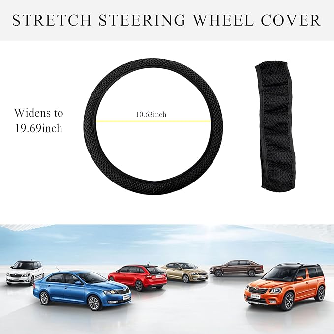 Elastic Steering Wheel Cover, 15"×15" Comfy Breathable Stretch Steering Wheel Protector, Ice-Silk Cloth Polyester Steering Wheel Cover for Men Women, Car Accessories (Black)