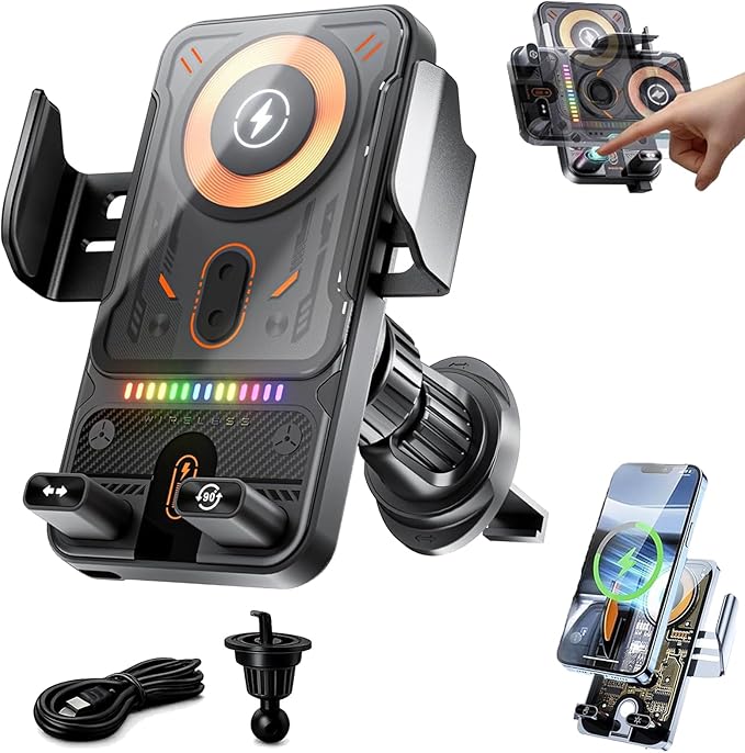 2026 New Cool Car Wireless Fast Charging Phone Holder, High Intelligent 2 in 1 Wireless Charging Rotating Car Mount, Auto-Clamping Dashboard Cars Bracket with Charger Station for All Smart Phone (A+)