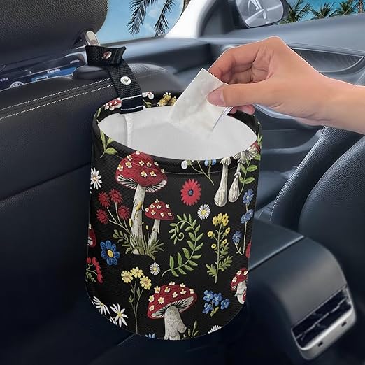 Floral Mushroom Car Trash Bag Waste Basket with Adjustable Buttons Collapsible Car Storage Bag Multipurpose Road Trip Essentials for Outdoor Activities