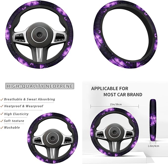 Purple Butterfly Car Decor Set for Women 6 PCS Steering Wheel Cover Cup Holder Handbrake Gear Cover Butterfly Print Car Accessories Set for SUV Truck Sedan