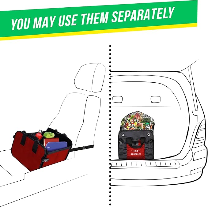 DURABLEZ XL Trunk Organizer 3-Section Modular – Extra Large Car Storage for Groceries & Travel Gear, Multi-Compartment Foldable Cargo Bin – Red