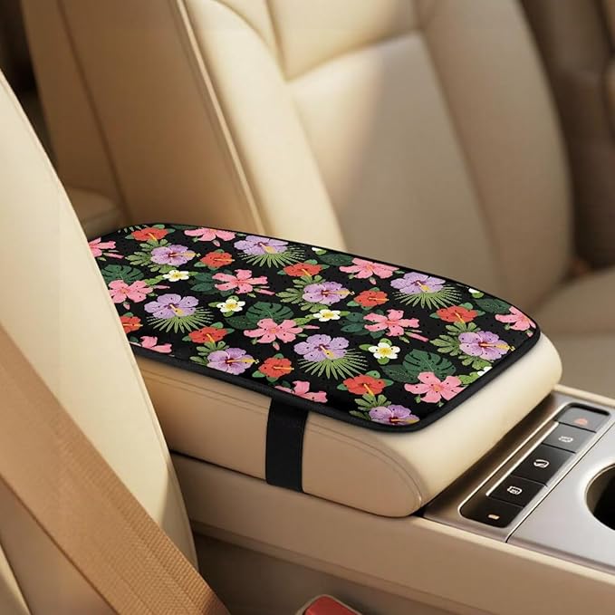 Qeluxign Automotive Seat Covers 5 Piece Universal Car Accessories with Soft 2 Pack Seat Belt Cover Pads and Center Console Armrest Covers for SUV Truck Interior Set,Tropical Hibiscus Floral