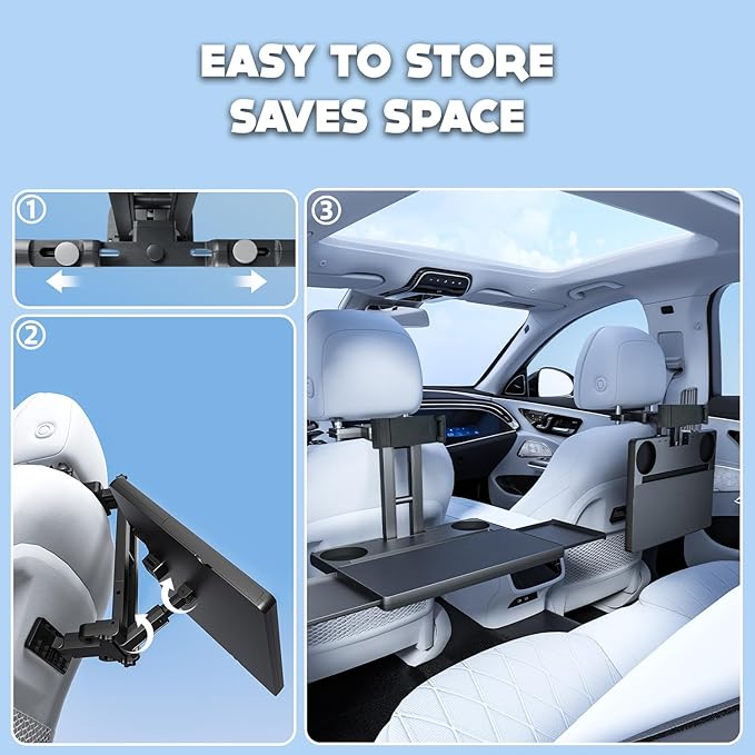 Car Back Seat Tray Table, Stable Foldable Auto Backseat Food Trays Desk for Rear Passenger Road Trip Eating & Work, Multifunctional Adjustable Travel Tray with Phone Drink Holder for Laptop iPad