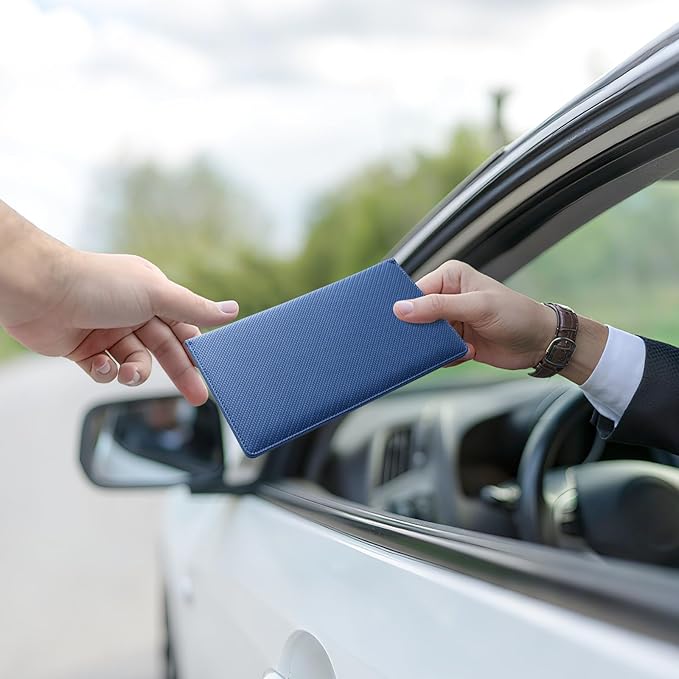 JUSTTOP 1Pack Car Registration and Insurance Holder,Car Document Holder for Cards License with Magnetic Shut,Vehicle Glove Box Car Organizer for Documents, Cards, License(Carbon Fiber Blue)