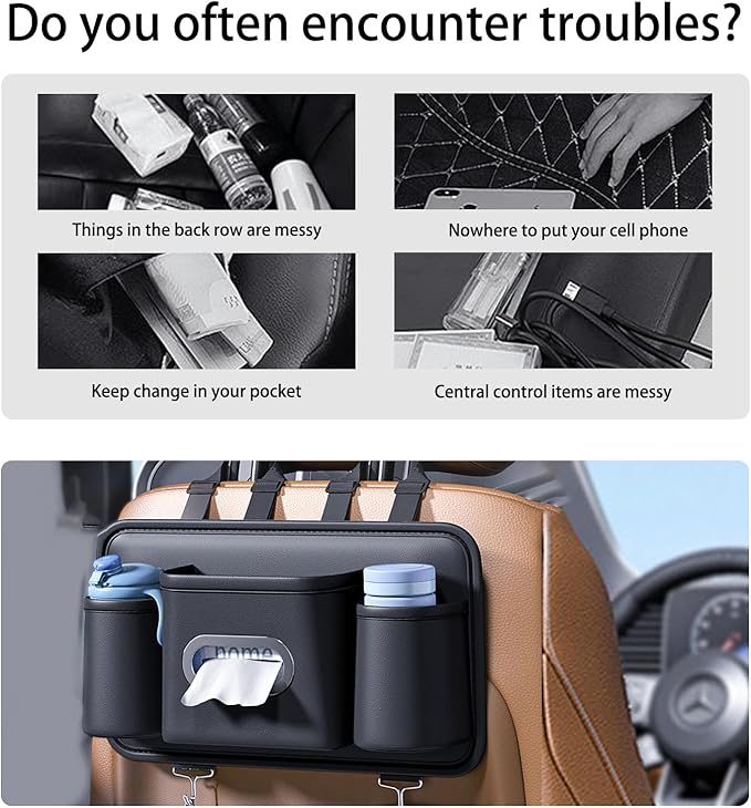 Car Headrest Backseat Organizer, Multifunctional Vehicle Seat Back Storage Box with Drink Cup Holder and Hooks, Automotive Travel Accessories, Universal for SUV, Sedan, Truck (Black)