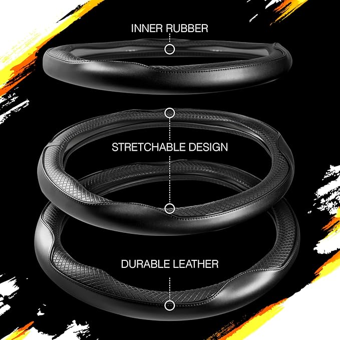 Redline Car Microfiber Leather Steering Wheel Cover Black Genuine Fit 15 inch Universal Anti-Slip Protector for Driverse