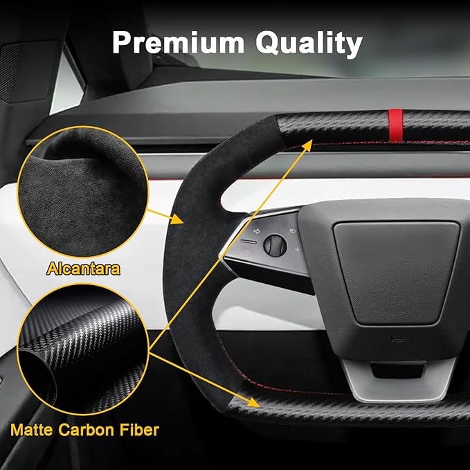 Steering Wheel Cover for Cybertruck Hand Stitching DIY Steering Wheel Cover Black with Dark Red Center Mark (Upper Lower Carbon Fiber & Alcantara Side Grips)