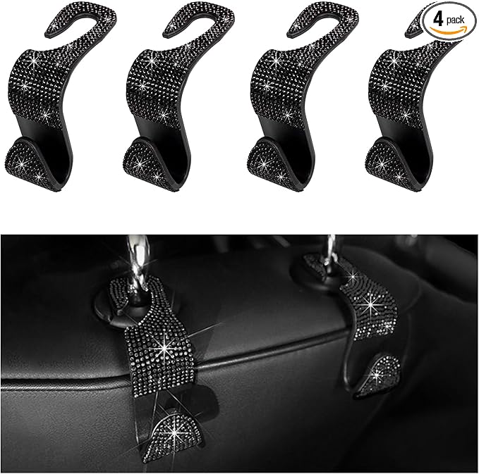 4PCS Bling Car Seat Headrest Hooks, Auto Back Seat Hanging Storage Organizer for Purse Handbag Coat, Rhinestone Vehicle Seat Hanger Holder for Women Girls, Car Accessories (Black)