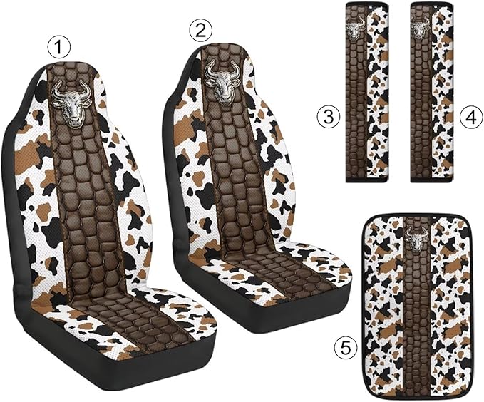 Qeluxign Cow Print Bull Automotive Seat Covers 5 Piece Universal Fit Car Accessories with Soft 2 Pack Seat Belt Cover Pads and Center Console Armrest Covers for SUV Truck Interior Set