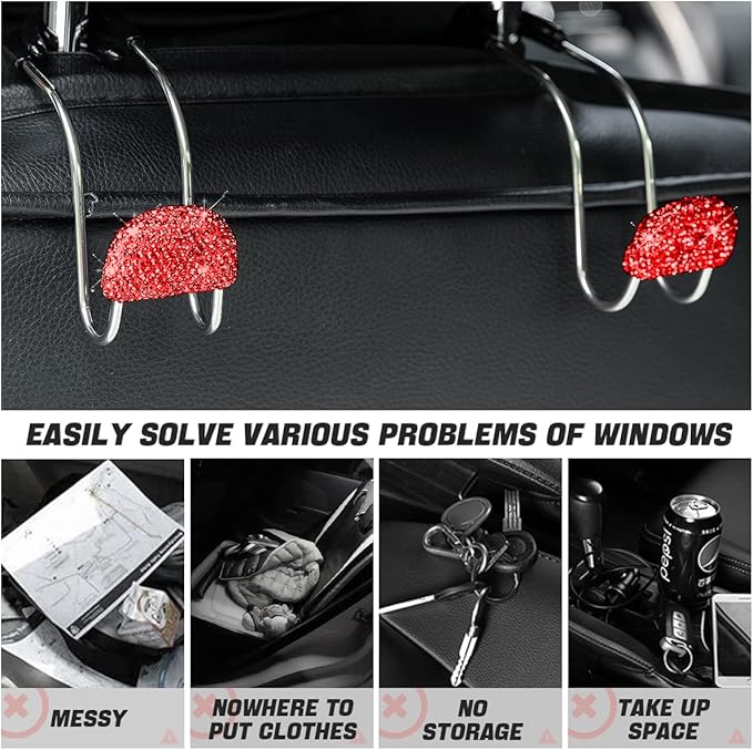 AUCELI Car Headrest Hook, 2 Pack Bling Backseat Organizer Hanger for Purse Clothes Grocery Bag, Rhinestones Auto Headrest Storage Holder, Universal Car Seat Accessories for Most Vehicle (Red)
