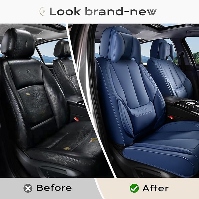 Coverado Seat Covers Full Set, 5 Seats Seat Covers for Cars, Waterproof Nappa Leather Car Seat Covers with Head Pillow, Seat Protectors Car Seat Cushion Universal Fit for Most Cars (Blue)