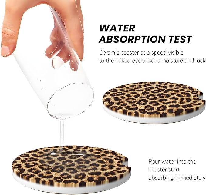 HUWAAI Leopard Print Car Cup Holder Coasters 2 Pack Universal 2.63 Inch Anti Slip Ceramic Absorbent Coaster with Cork Base and Finger Notch Cute Car Accessories Interior for Women