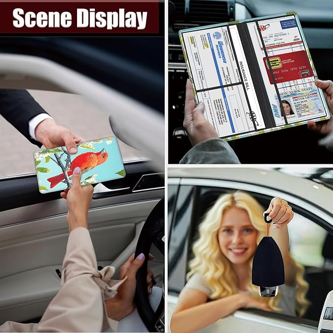 Car Document Holder with Magnetic Shut, Car Registration and Insurance Card Holder, Vehicle Glove Box Organizer Documents, Driver License, Auto Paperwork Organizer Wallet, Red Bird On The Branch