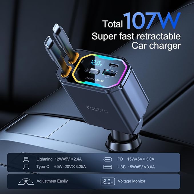 Retractable USB C Car Charger, 65W PD, 35.43 Inch Retractable Cord, RGB Light, For iPhone 12-16, Samsung, Pixel, MacBook