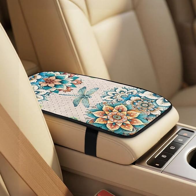 Psesaysky 5-Piece Car Accessories Set, Boho Flower Dragonfly Universal Fit PU Leather Seat Covers with Seatbelt Pads and Armrest Cover for Cars, Trucks, SUVs, Vehicle Decor