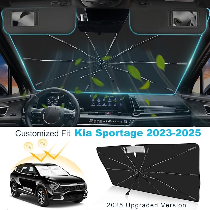 2025 Upgrade Windshield Sun Shade Umbrella Custom Fit for Kia Sportage 2023-2025 Foldable UV Protection Car Cover, Emergency Rain Shield & Dashboard Protector - Durable Auto Accessory