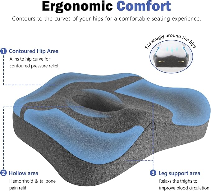 JIPORIER Seat Cushion & Lumbar Support Pillow Set for Office Chair, Ergonomic Pillow for Sciatica Pain Relief, Memory Foam Back Support Pillow & Chair Cushion for Car seat, Desk Chair (Grey)