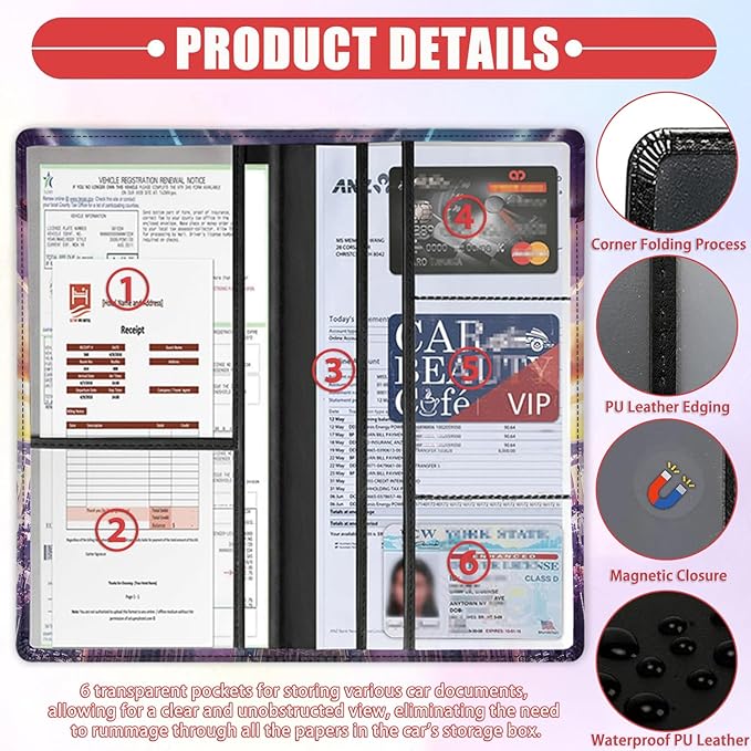 Car Registration Holder, Waterproof PU Leather Vehicle Card Document Glove Box Organizer, Women Interior Auto Accessories Case for Cards, Driver License Car Insurance Holder, Monster Cat Pattern