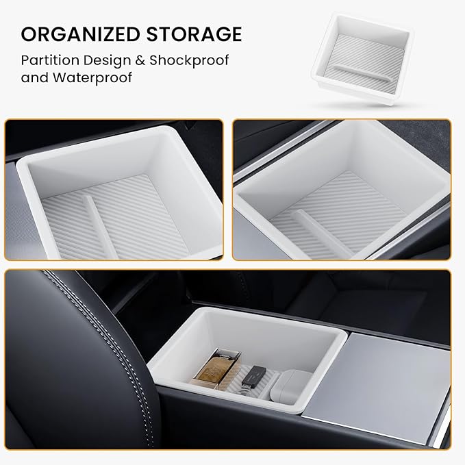 Center Console Organizer for New Model 3/Y: 2PCS Center Console Storage, Armrest Tray for Tesla 2025+ Model Y Juniper & 2024-2025 Model 3 Highland with ABS Material Non-Slip Wear-Resistant White
