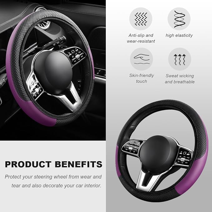 Car Steering Wheel Cover, 15 Inch Carbon Fiber Elastic Vehicle Steering Wheel Protector, Breathable Leather Auto Wheel Covers for Women Men, Interior Car Accessories (Black & Purple, AD)
