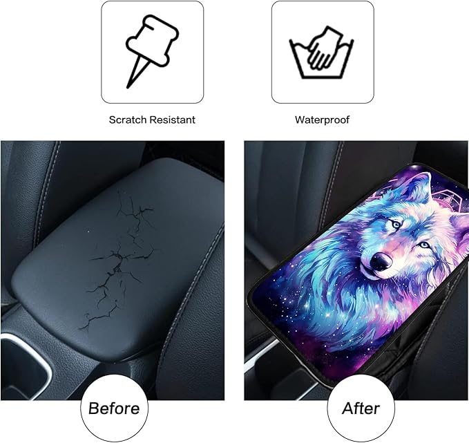 JANENFNA Car Armrest Cover Pads Universal Fashion Cute Auto Center Console Armrest Cover Pad with 2PCS Car Coasters Soft Waterproof Car Armrest Seat Protector for Women,Cosmic Wolf