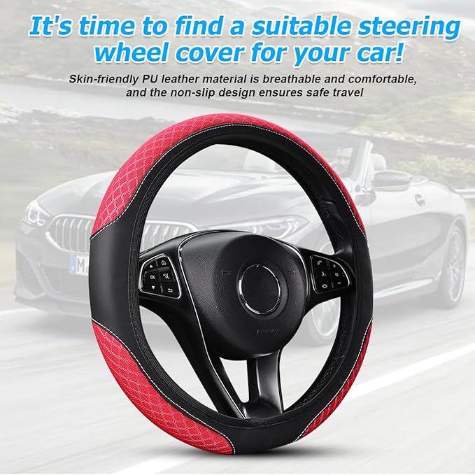 Elastic Car Steering Wheel Cover, 14.5-15 Inch Leather Non Slip Vehicle Steering Wheel Protecter Without Inner Ring, Auto Interior Protection Accessories, Universal Fit (Red)