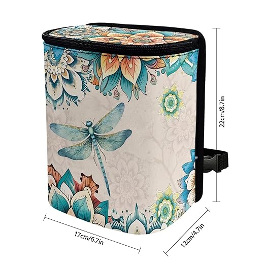 Bohemian Flower Dragonfly Car Trash Bin with Lid,Leak-Proof Car Organizer, Waterproof Car Garbage Can for Vehicle/Home/Office