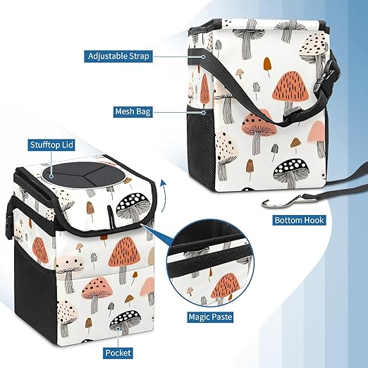GVGHIDZ Car Trash Can – Multi-Purpose, Lightweight and Portable with Durable Water-Resistant Coating, No Installation Required, Practical and Ample Capacity, Variety of Colors.Mushroom