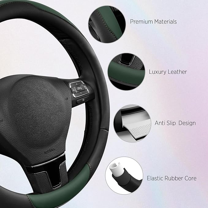 Road Comforts Steering Wheel Cover, Breathable Anti-Slip Leather Steering Wheel Cover, Universal Fit 14.5–15 Inch, Comfortable Grip - Green Color