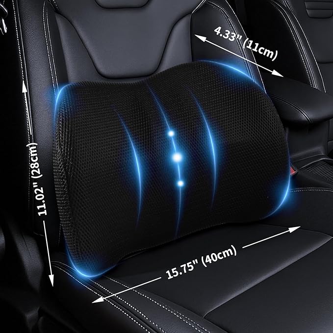 Dijialun Lumbar Support Pillow for Car, Memory Foam Back Support Lumbar Pillow for Car, Gaming, Office Chair, Ergonomic for Lower Back Pain Relief, Softness Breathable Removable Mesh Cover, Black