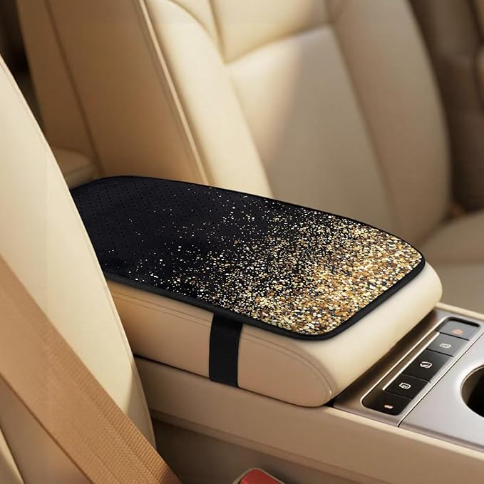 FUSURIRE 5Pcs Car Accessories Set Golden Sequins Print PU Front Seat Covers, Seat Belt Covers & Center Armrest Pad Universal FIT for Car, SUVs,Van,Small Trucks
