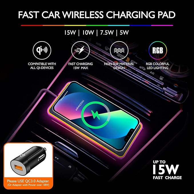 Magnetic Wireless Car Charger Pad, LANSEMKU RGB 15W Wireless Car Charging Pad for Magsafe Wireless Charger for Car iPhone 16 15 14 13 12 11 Pro Max, for Samsung Galaxy S24/23/S22/S22+/S22 Ultra